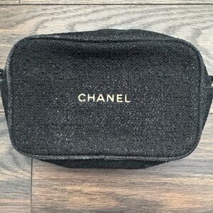 CHANEL Black Textured Makeup Bag with Gold Logo